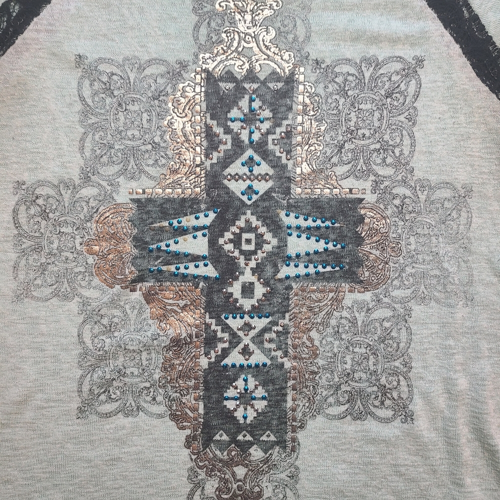Angels & Diamonds Cross Graphic Top Large Lace Rhinestone Boho USA - Picture 5 of 9